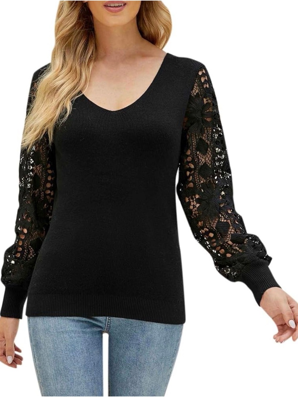 Women's Black V-Neck Sweater with Lace Balloon Sleeves